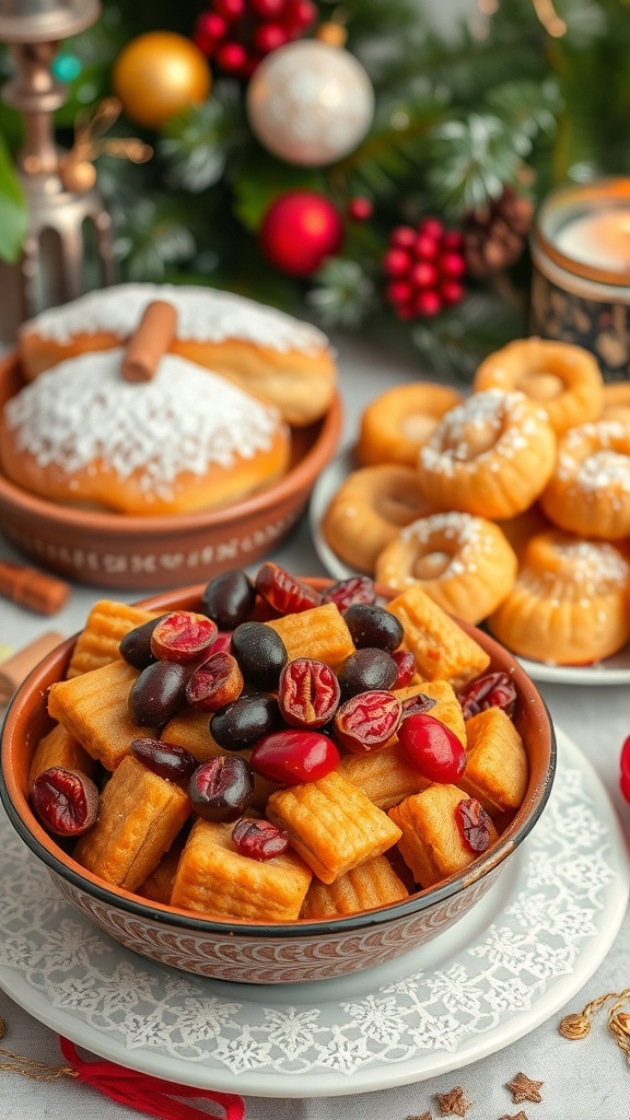 Traditional Ukrainian Christmas baked goods: Kutia and Pampushky on a festive table.